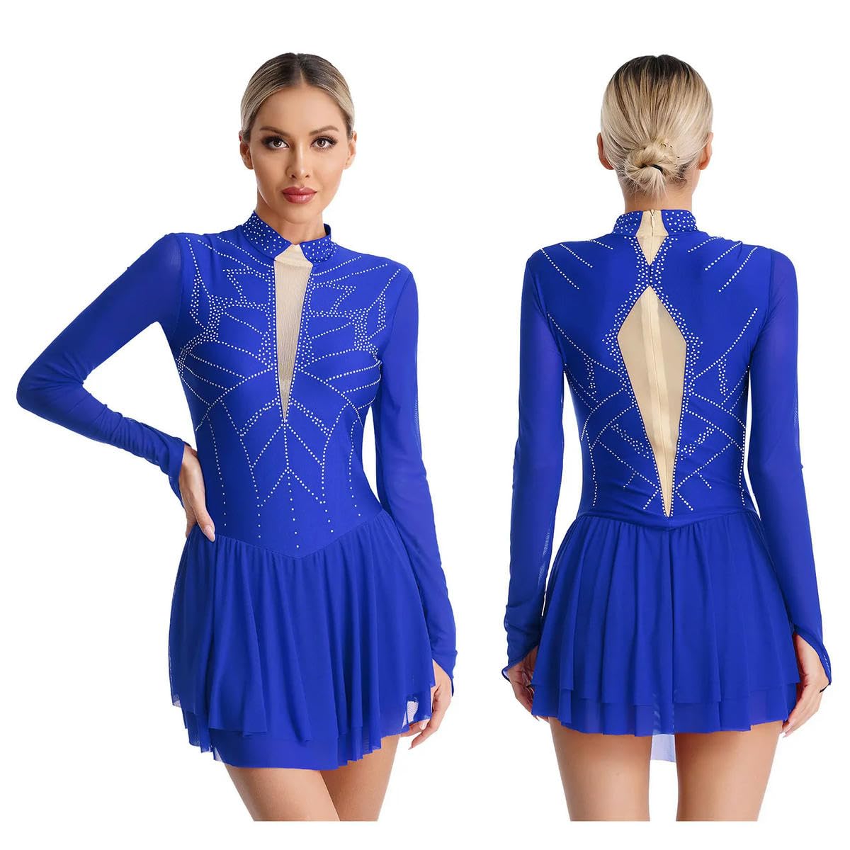 Vestido de patinaje artístico para mujer, vestido moderno de malla transparente para baile lírico, azul, XL