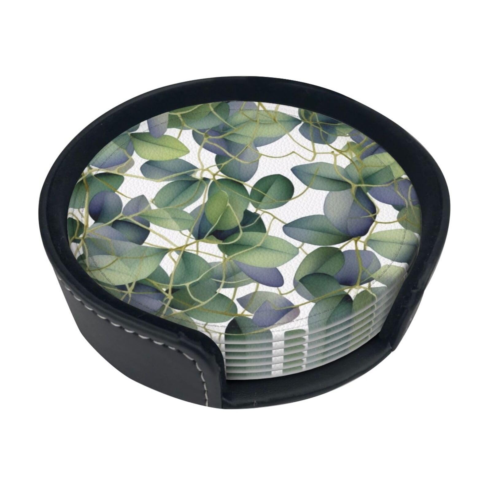 Green Eucalyptus Leaves Round Leather Coasters (6 Pieces) - Drink Coaster Set For Desk, Modern Easy To Clean Home Office & Farmhouse Coasters