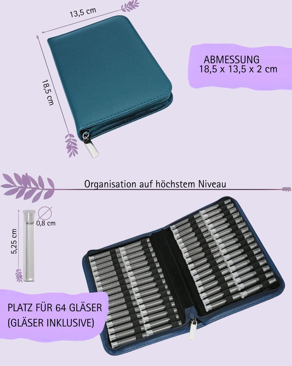 Homeopatía - Botiquín clásico con 64 lentes transparentes de piel (cuero azul)