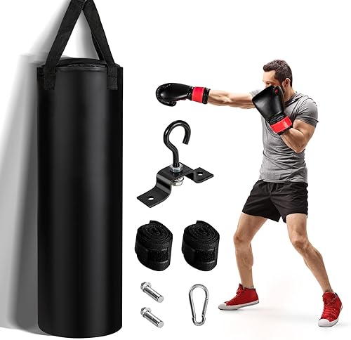 GYMAX Saco de boxeo, juego de bolsas de boxeo pesadas de 64 libras con guantes de boxeo de 12 onzas y dos envolturas de mano de 95 pulgadas, saco de