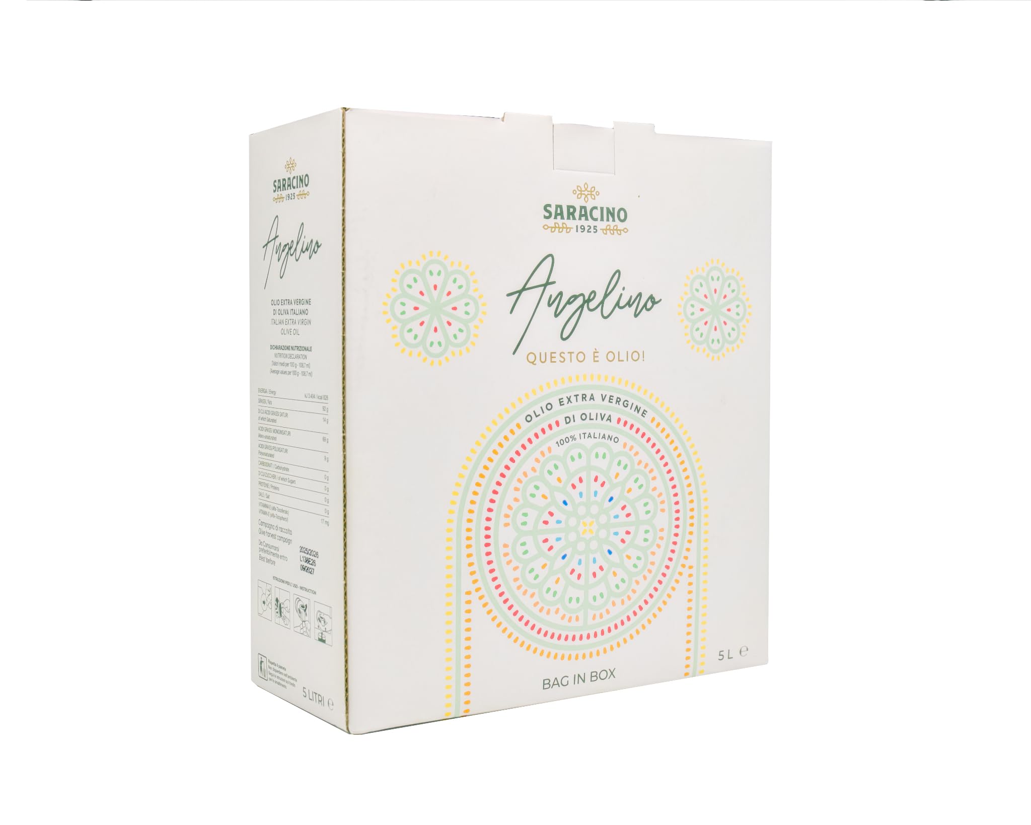 SARACINO 1925-Olio Extravergine di Oliva Italiano 100% – <25°C – Blend Leccino, Cellina di Nardò e Ogliarola Salentina – Bassa Acidità <0,4% – Bag in Box 5 Litri con Rubinetto