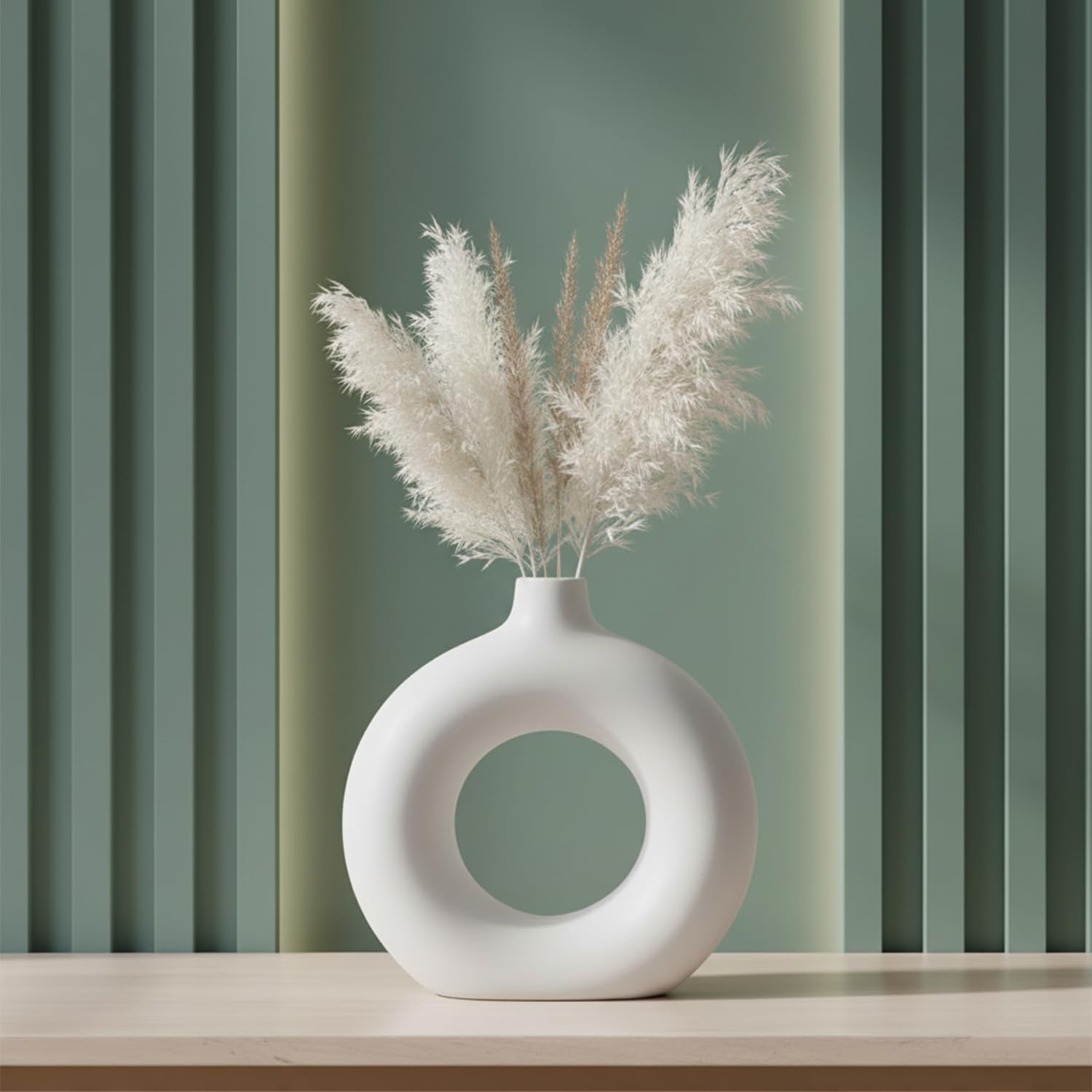 Bonkaso White Ceramic Donut Vase 8.5 Inch (Set of 3) | Modern Ring Shape Flower Vase for Pampas Grass & Dried Flowers | Elegant Home, Office & Table Decor Centerpiece (21 x 22 x 5.5 cm)-image-15