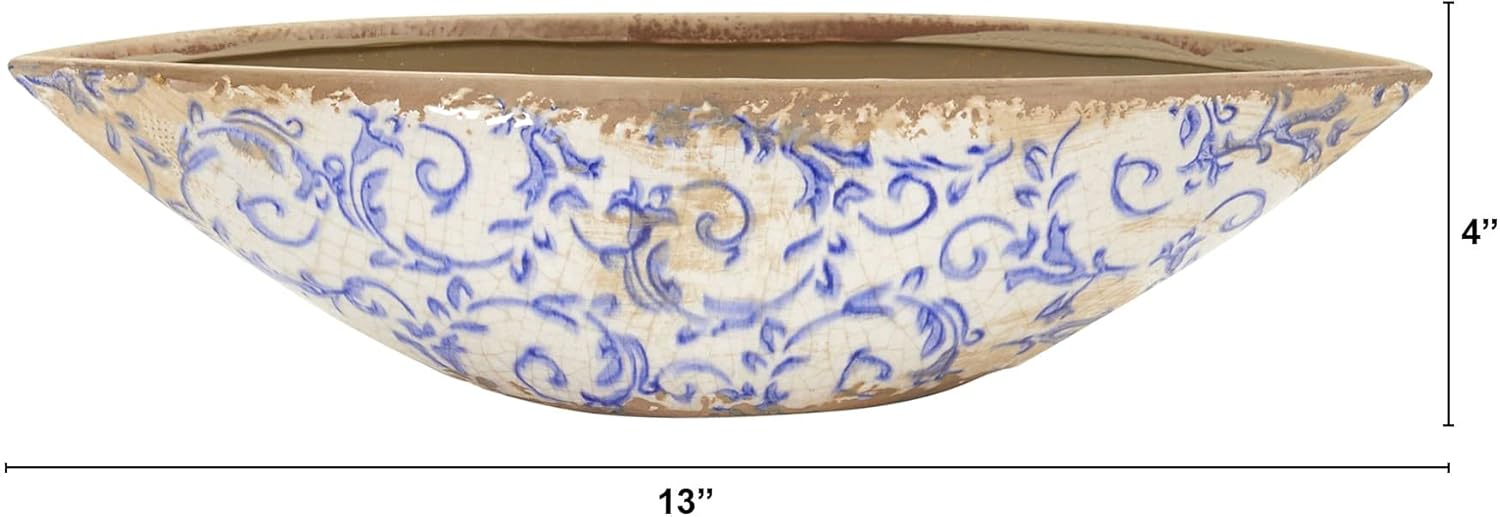 Unknown1 13" Tuscan Ceramic Blue Scroll Decorative Bowl White Traditional