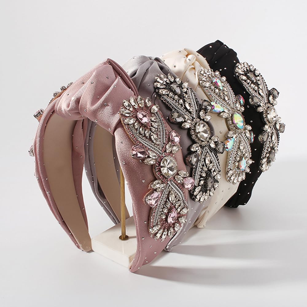 Diadema ancha para el cabello con diamantes de imitación y aro de satén para mujer, color gris