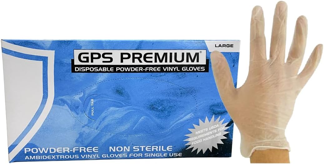 GPS Premium Disposable Powder-Free Vinyl Gloves, 4 Mil, Sizes S-XL, 100 Gloves Per Box