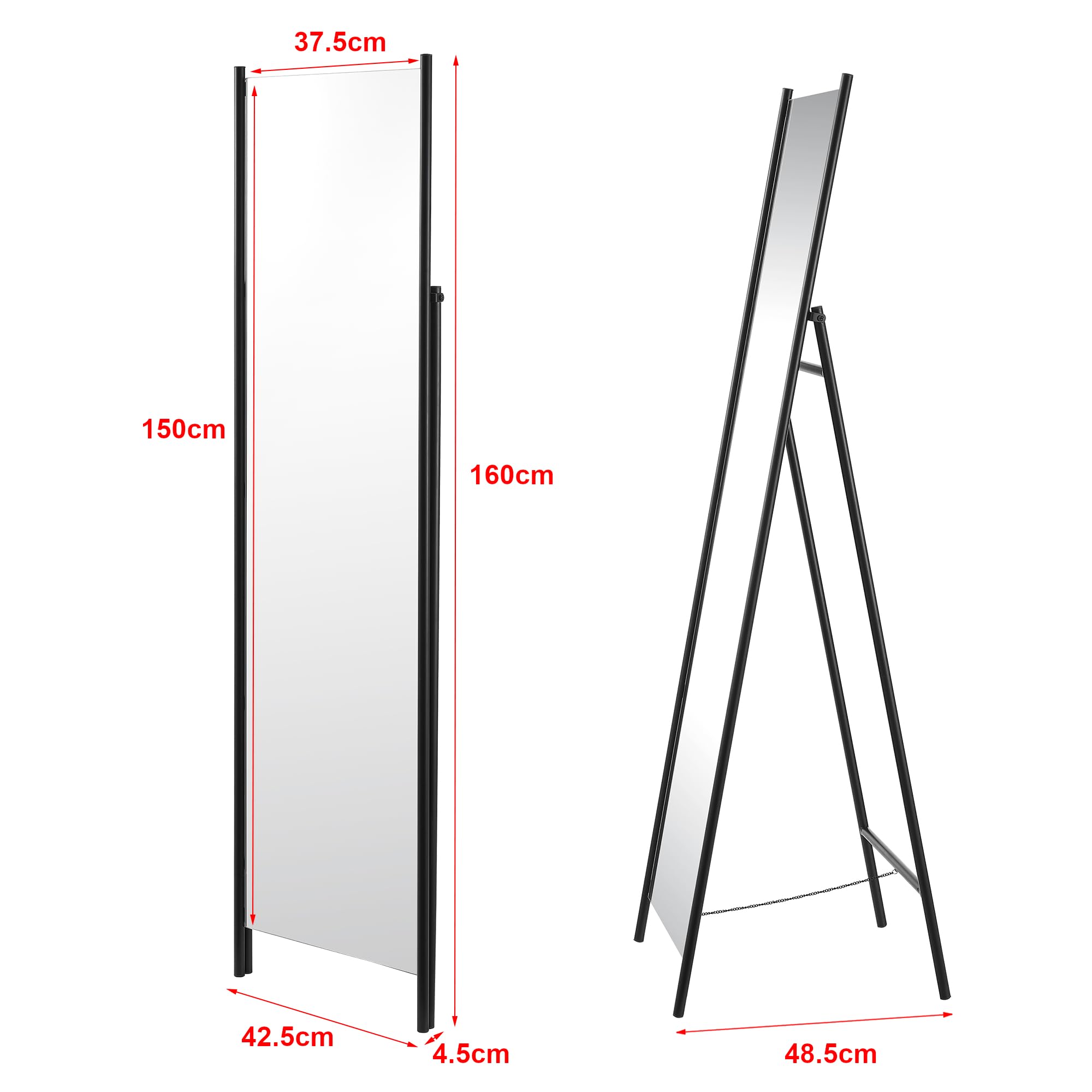 [en.casa] Duży rozmiar lustro na nóżce Psyche przechylane lustro o pełnej długości do wejścia salonu sypialni garderoba metalowa 160 x 43 x 49 cm czarna