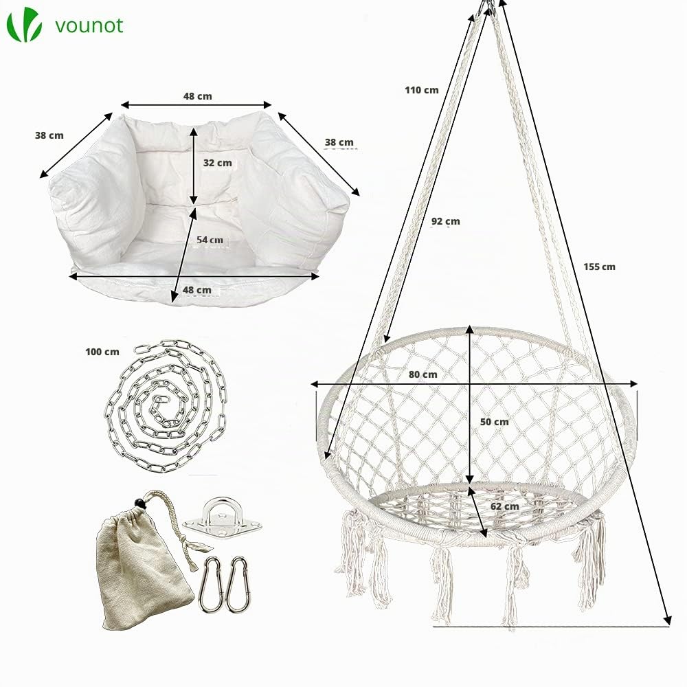 VOUNOT® Silla Colgante Exterior con Flecos, Hamaca con Conjines y Kit de Suspensión, Ø80cm Silla Columpio para Interior y Exterior, Beige