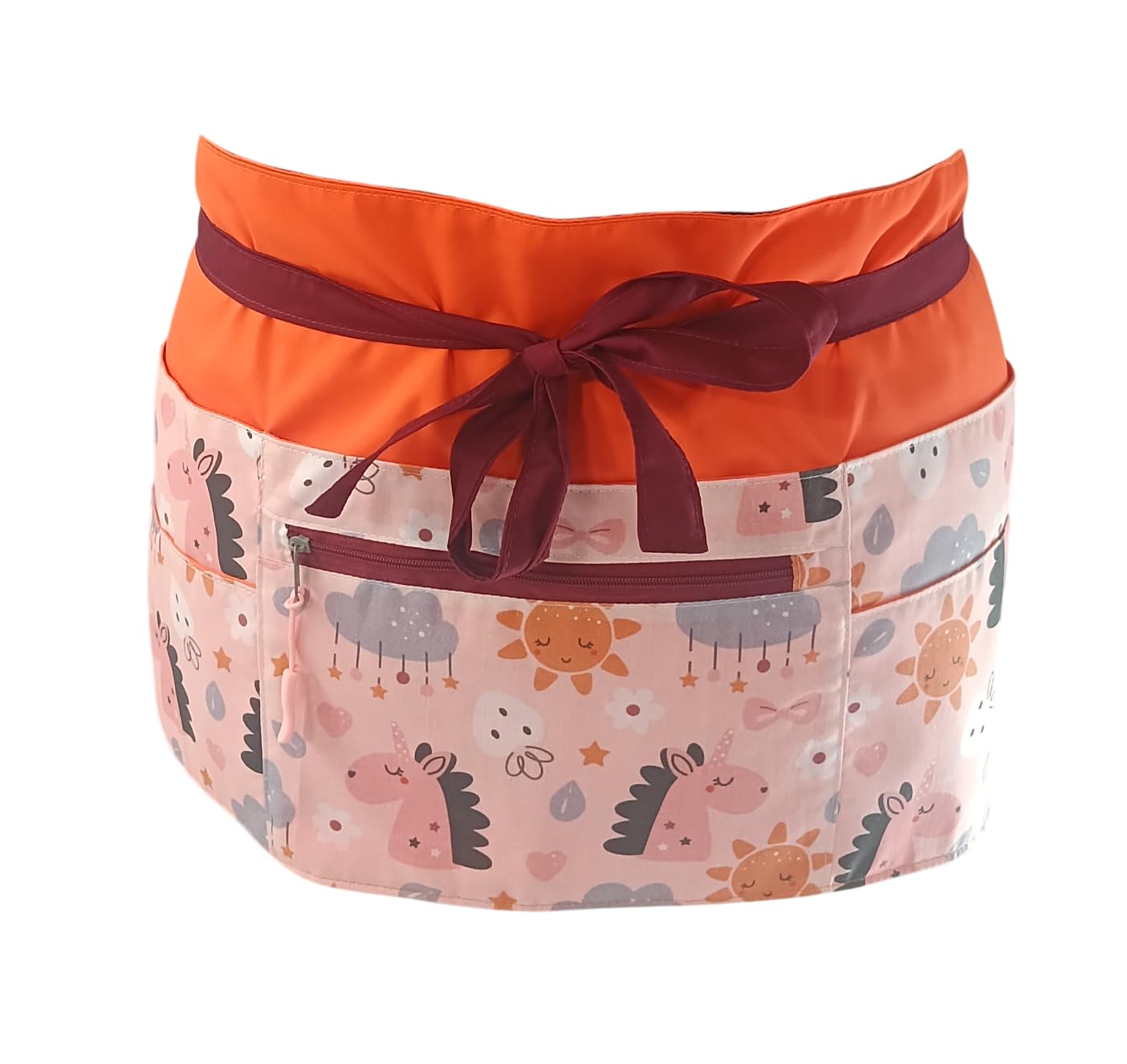 Genérico Galba® Delantal de Cintura para Maestra Unicornios Rosas | 7 Bolsillos + Cremallera | Cintas 87cm | 66x27cm | Algodón Lavable | Talla Única + Regalo incluido