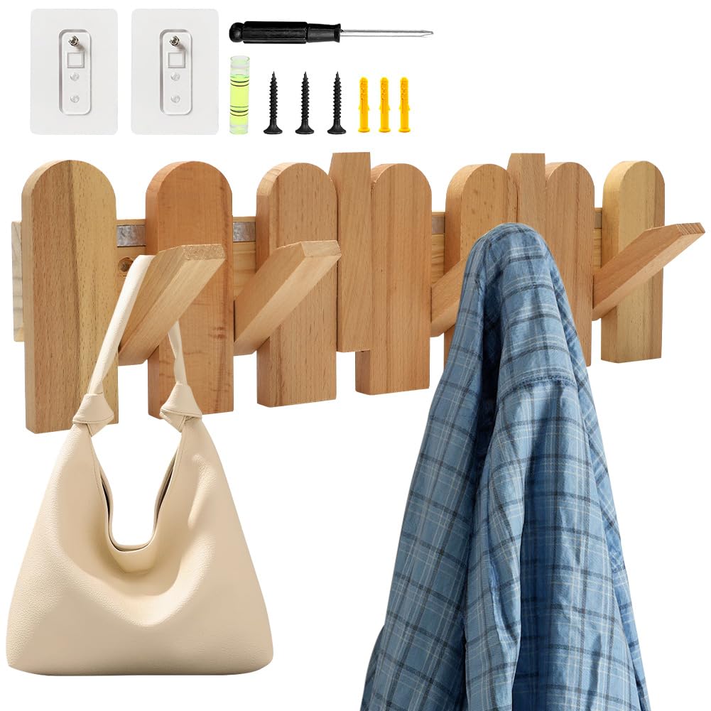 MIUUIPI Garderobenleiste Holz Wand, Moderne und Platzsparende Garderobenleiste mit 6 Haken, Holzplatte Wandhaken Klapphaken Faltbarer Kleiderhaken für Jacken, Mäntel, Schals, Handtaschen