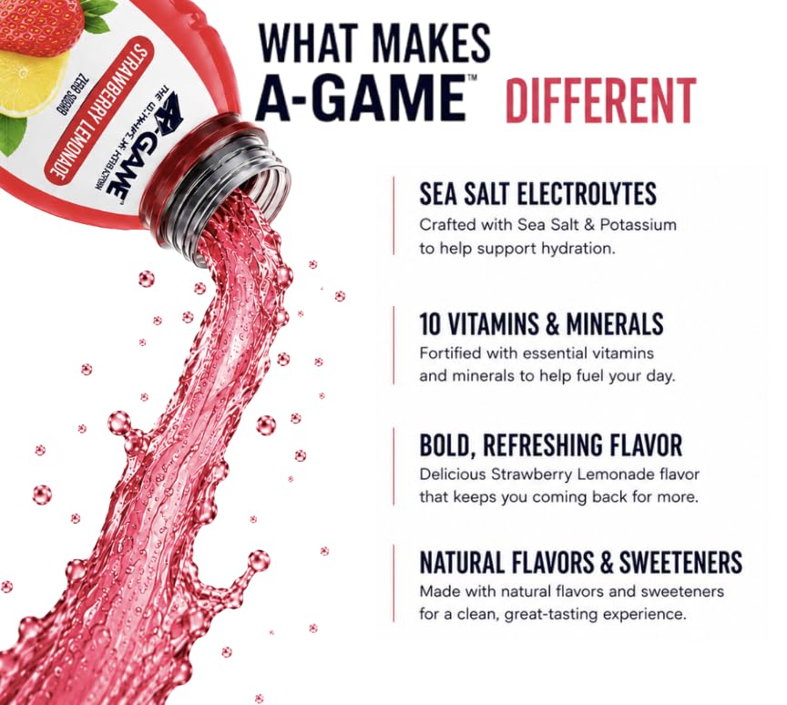 Image of A-GAME Electrolyte Drink, Strawberry Lemonade Flavor, 12 Pack