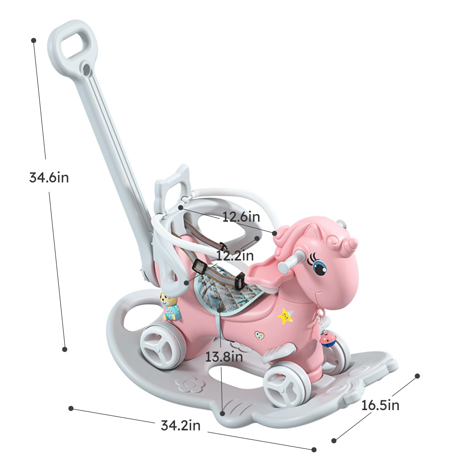 Tzou Baby Rocking Horse Balance Bike Ride On Toys with Push Handle Backrest Balance Plate for Girls Boys Christmas Birthday Gifts Pink