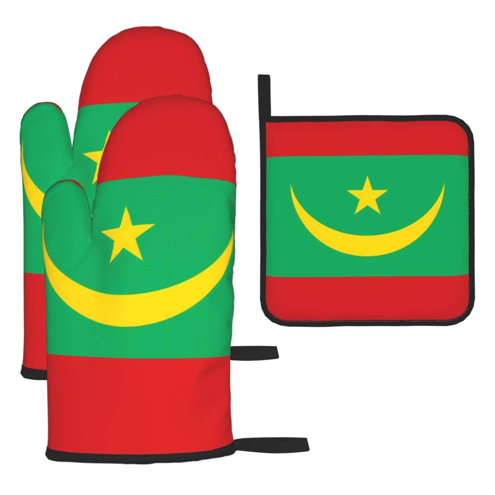 Flag of Mauritania Oven mittens and oven mitts three-piece set suitable for oven, grilling, baking, microwave and home cooking.