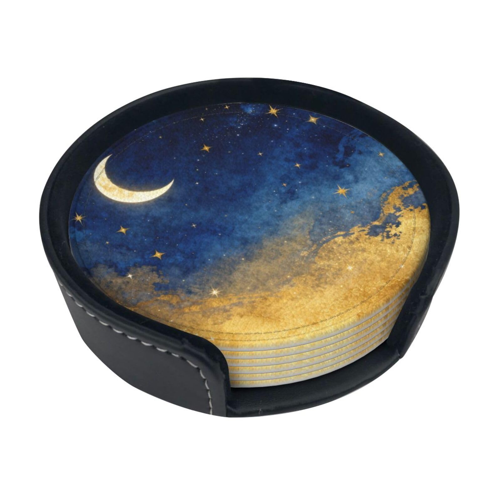 Cntdbu White Crescent Moon Stars Leather Coasters Set Of 6-Pu Leather Drink Mats For Table, Heat Resistant Round Coasters With Holder