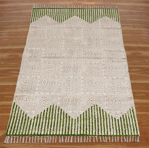 Tapis carré en coton vert beige Kilim dhurrie tissage plat chambre salon