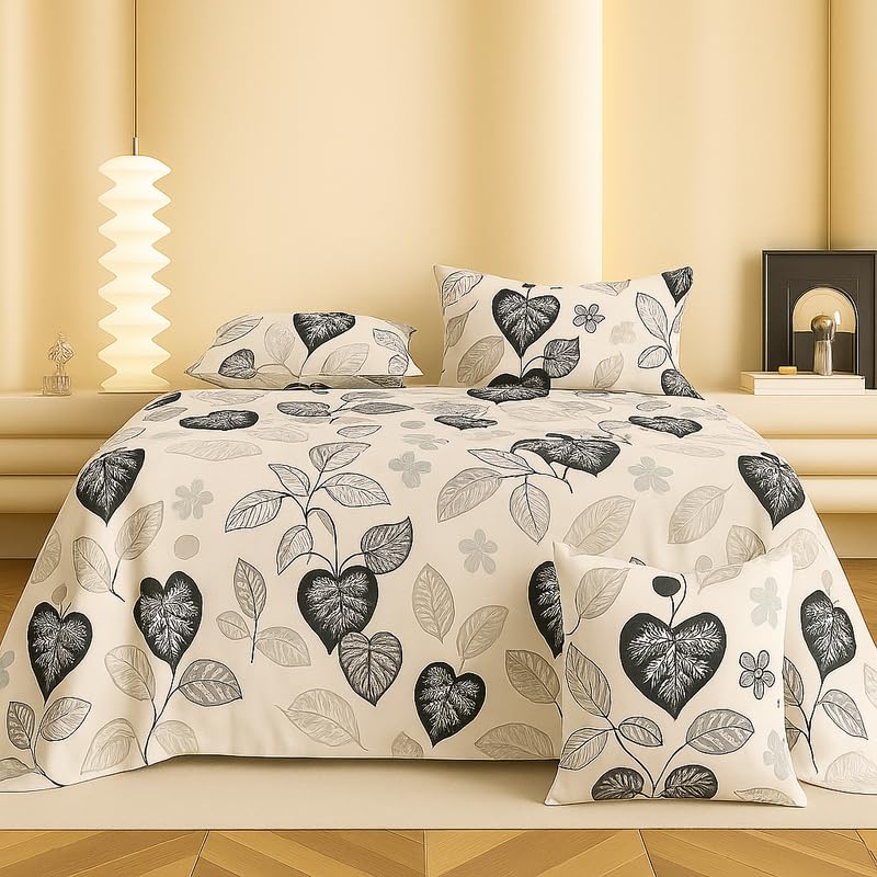 Image of BSB HOME 300 TC Cotton Microfiber XXL Super King Size Bedsheet for Double Bed, Without Joint King Size 108 Inches X 108 Inches, 9 Feet, 275 X 275 cm with 2 Large Size Pillow Covers - Beige Black