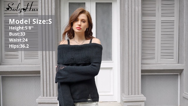 SOLY HUX Women's Cold Shoulder Ripped Sweater Goth Punk Long