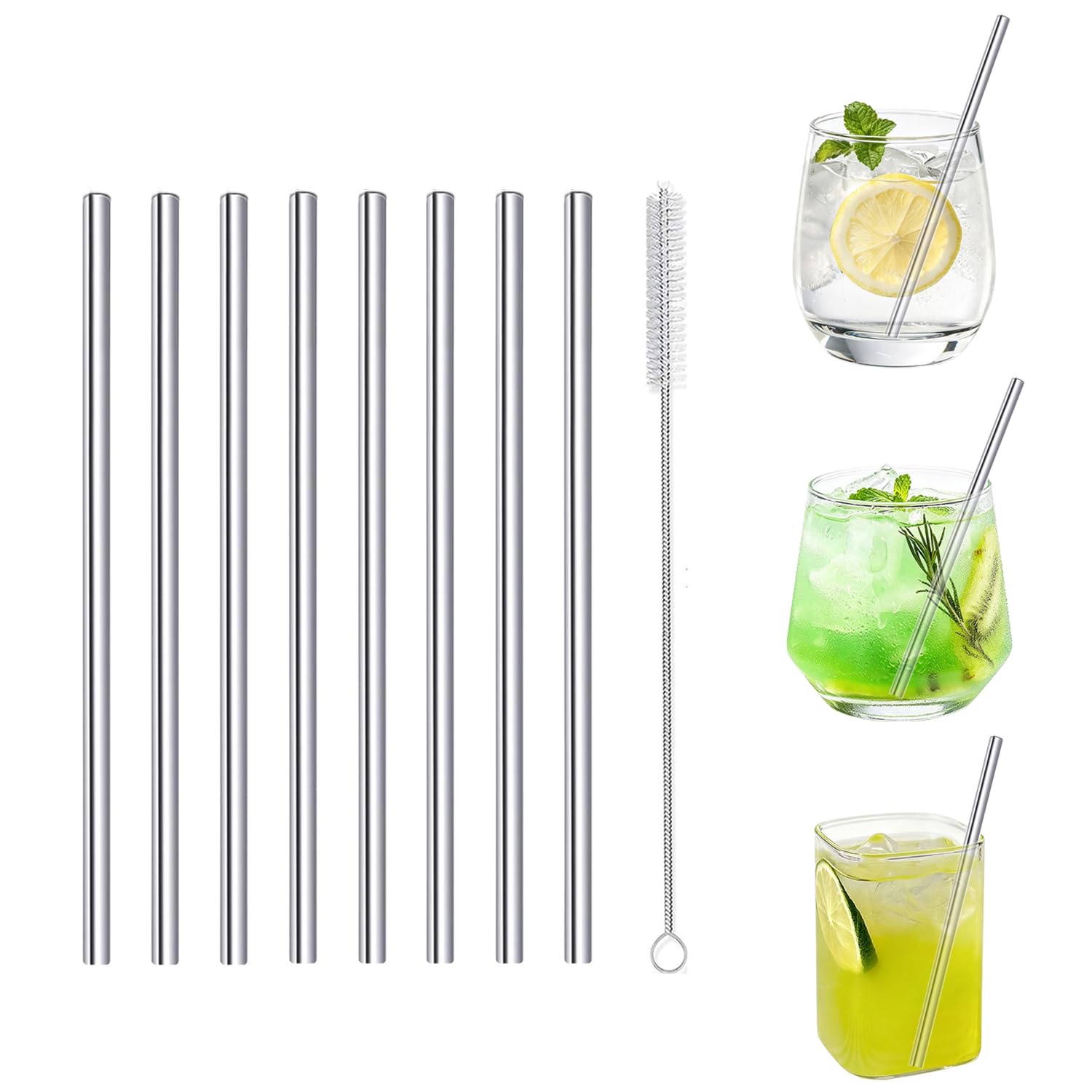 Cocktail Straws Short Stainless Steel Straw 6 Inch, Reusable Metal Small Mini Bar Drinking Straws Set with Cleaner Brush for Cocktails Rock Gin Glass Coffee Mason Jar Tumblers Juice Box, Silver