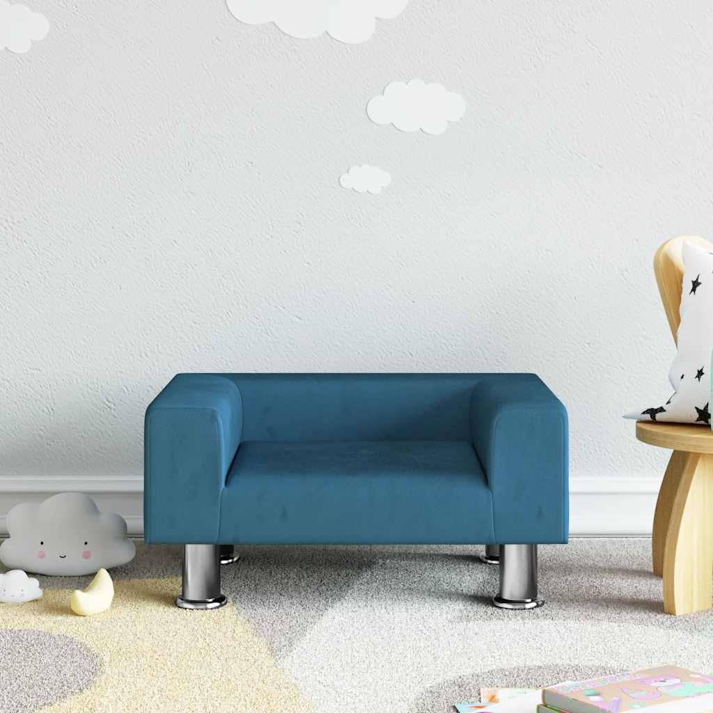 Sofa dziecięca niebieska aksamitna z masywną ramą z drewna sosnowego 50 x 40 x 26,5 cm, wyściełana pianką, do pokoju dziecięcego, zestaw mebli do siedzenia do pokoju dziecięcego, wygodna do