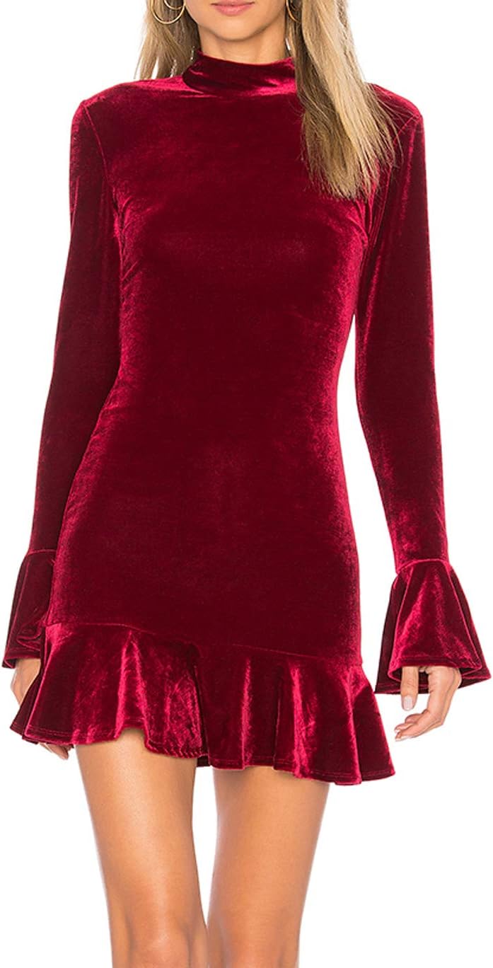R.Vivimos Women's Winter Long Sleeve Velvet Ruffles Bodycon Mini Dress