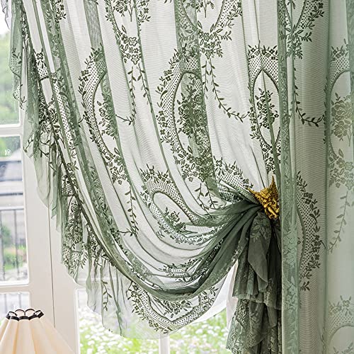 ZZC Lace Sheer Curtains with Scallop Ruffle Edge for Living Room Farmhouse 84 Inch Long Rustic Vintage Florals Embroiderd Voile Panels Rod Pocket Window Treatment Set 2 Panels, Green, W52 x L84 Inch