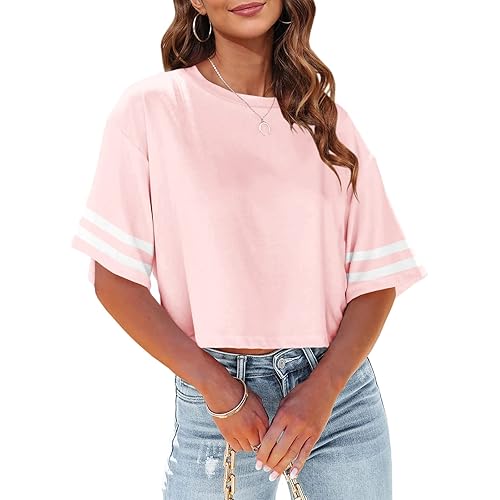 Tankaneo Women Half Sleeve Cropped T-Shirts Drop Shoulder Round Neck Crop Tops Casual Summer Solid Color Basic Tees