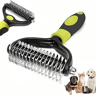 Dog Cat Grooming Brush, 2 Sided Pet Grooming Tool Undercoat Rake for Deshedding, Mats & Tangles Removing, Double Sided She...