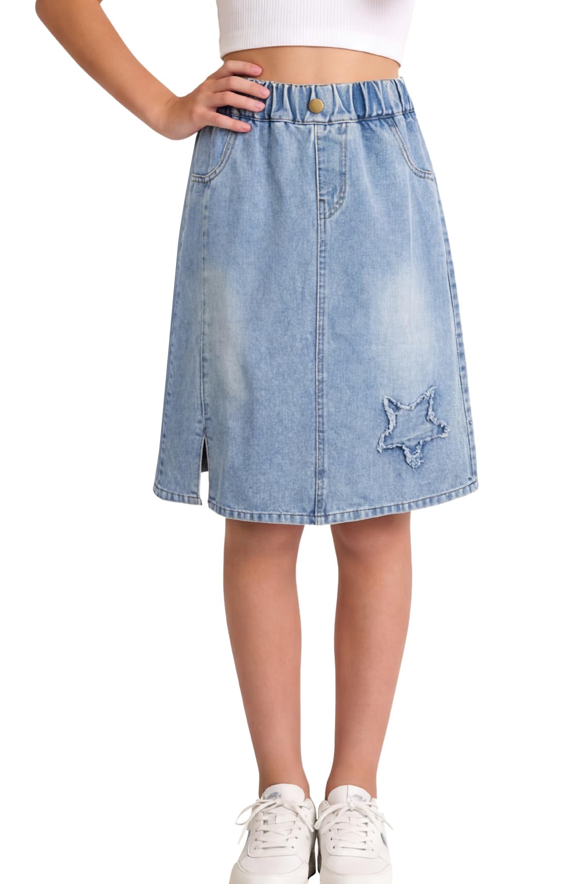 SEAUR Jupe trapèze en jean pour fille - Taille élastique - Longueur genou avec poches - Jupe en jean d'été pour adolescente