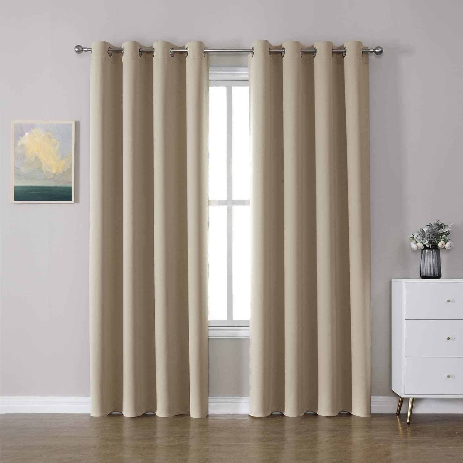 CUCRAF Beige Blackout Curtains 84 inch Length 2 Panels Set, Room Darkening Curtains & Drapes for Living Room Bedroom, Thermal Insulated Light Blocking Grommet Window Curtain (W52 x L84 Inch)