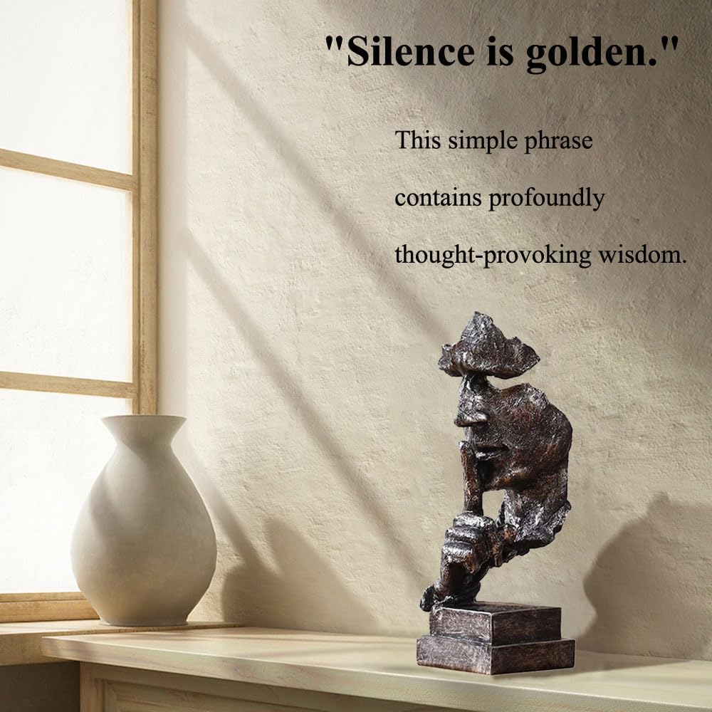 Silence is Gold Thinker Statue - 13.5 Inches Modern Abstract Sculpture Art, Minimalist Desk Decor for Office & Home, Creative Gift for Study/Bedroom Modern Abstract Sculpture Art for Desk Decor