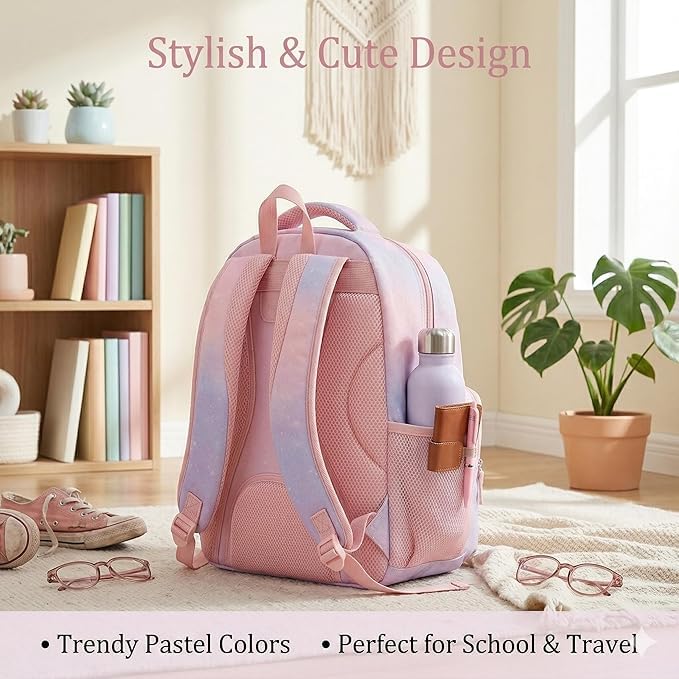 Image of Girls School Backpack Cute Pink Pastel Gradient Bag with Multiple Compartments Lightweight Durable Bookbag for Kids Students (purple bag)