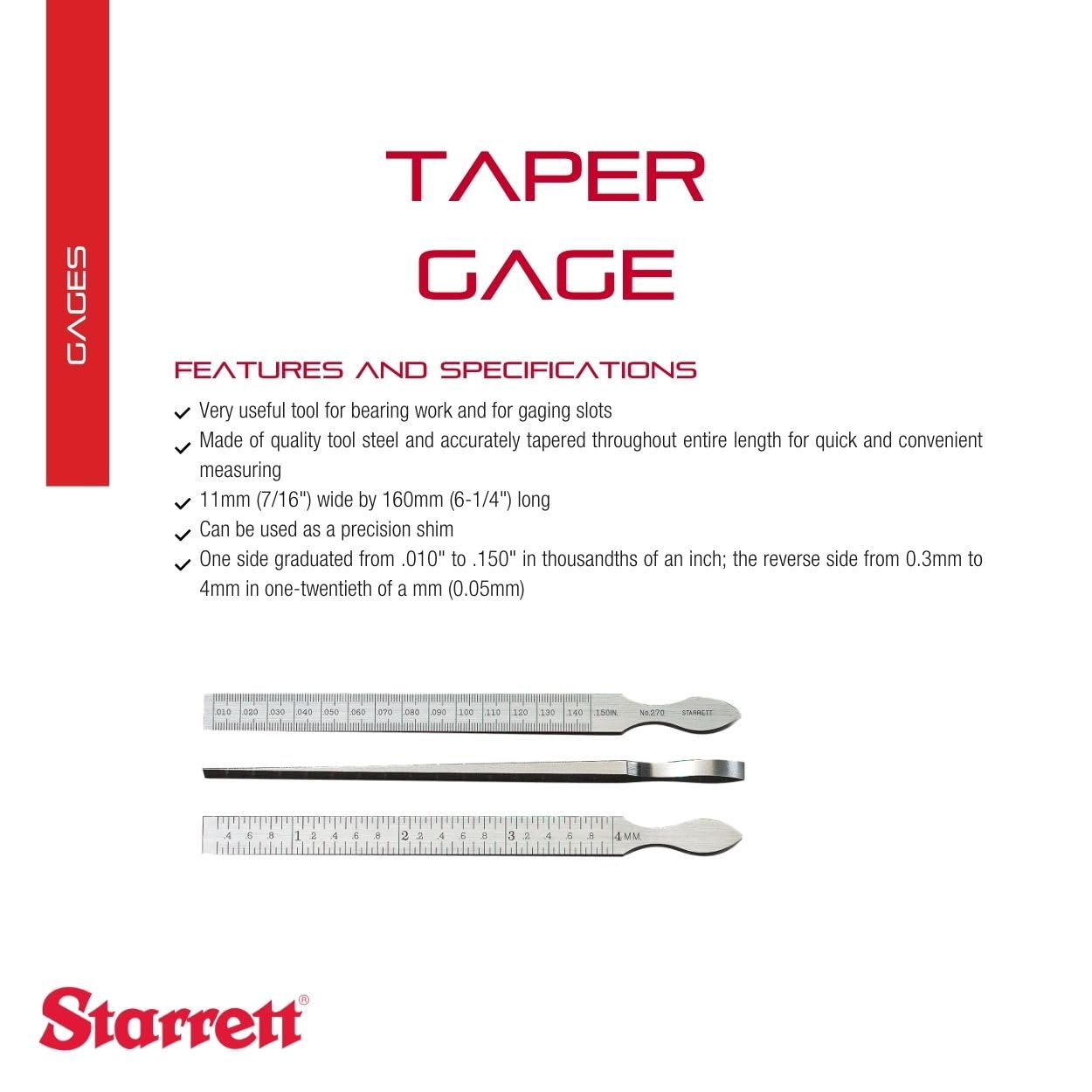 Starrett Taper Gage for Measuring Hole and Slot Sizes - Made of Quality Tool Steel - Precision Shim, 010-.150" Range, .001" Graduation, 6-1/4" Length - 270