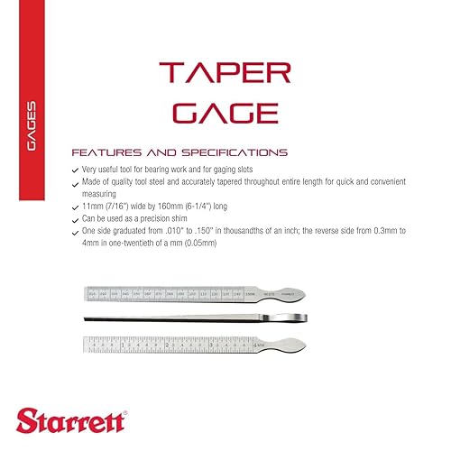 Miniatura 2 de Starrett Medidor cónico para medir tamaños de orificio y ranura, hecho de acero para herramientas de calidad, cuña de precisión, rango de 010-0.150
