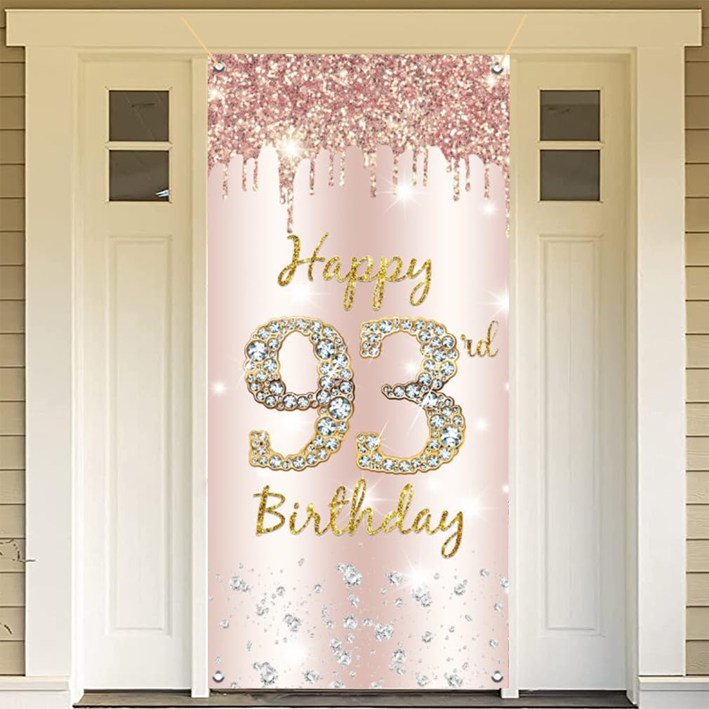 93. urodziny dekoracja damska, Happy 93rd Birthday Door Banner różowe złoto, 93. urodziny tkanina tabliczka plakat dekoracja drzwi, 93. urodziny tło baner damski, przyjęcie urodzinowe tabliczka