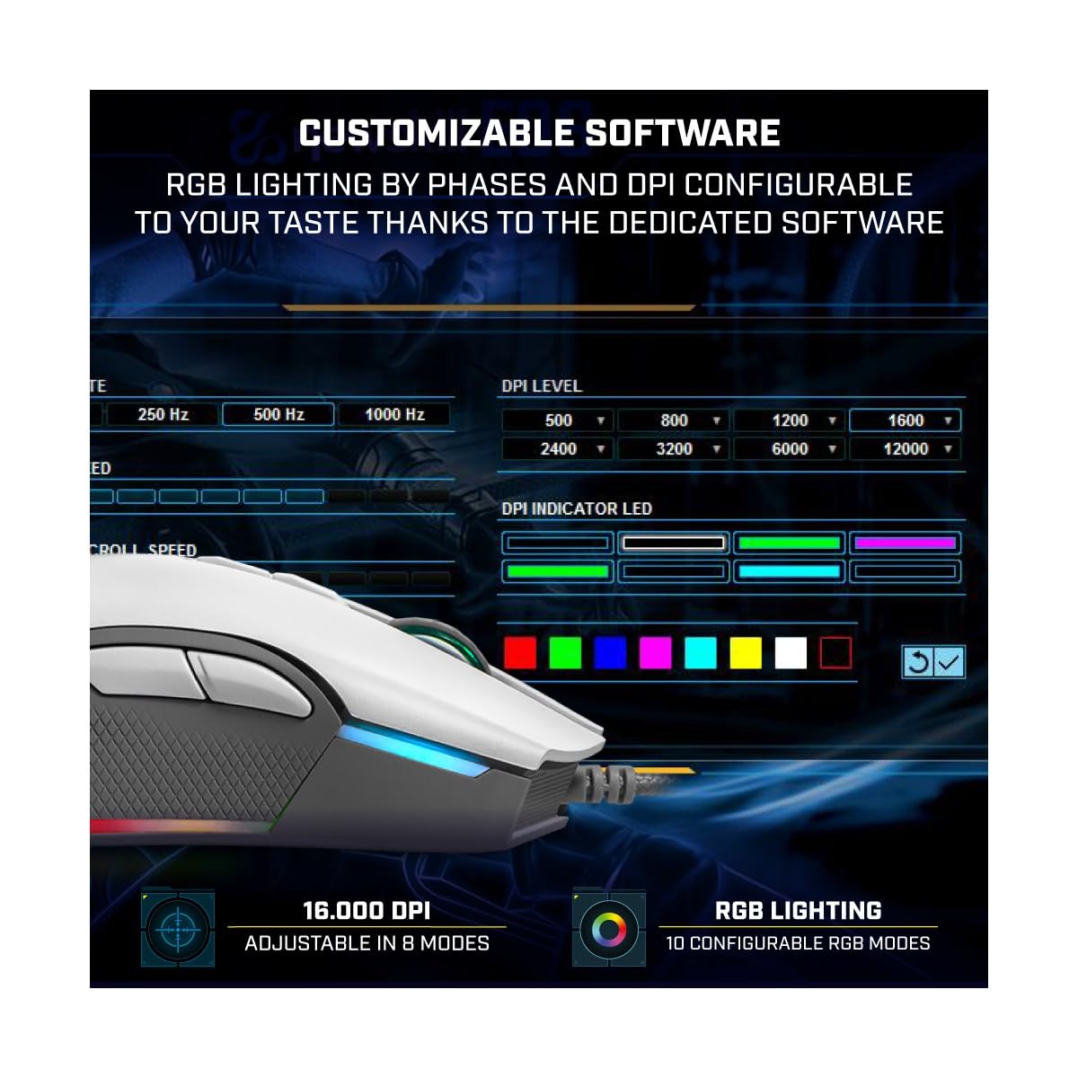 Newskill EOS ratón Gaming RGB alámbrico Negro 16000DPI 10 perfiles configurables Sensor óptico PMW3360 Negro