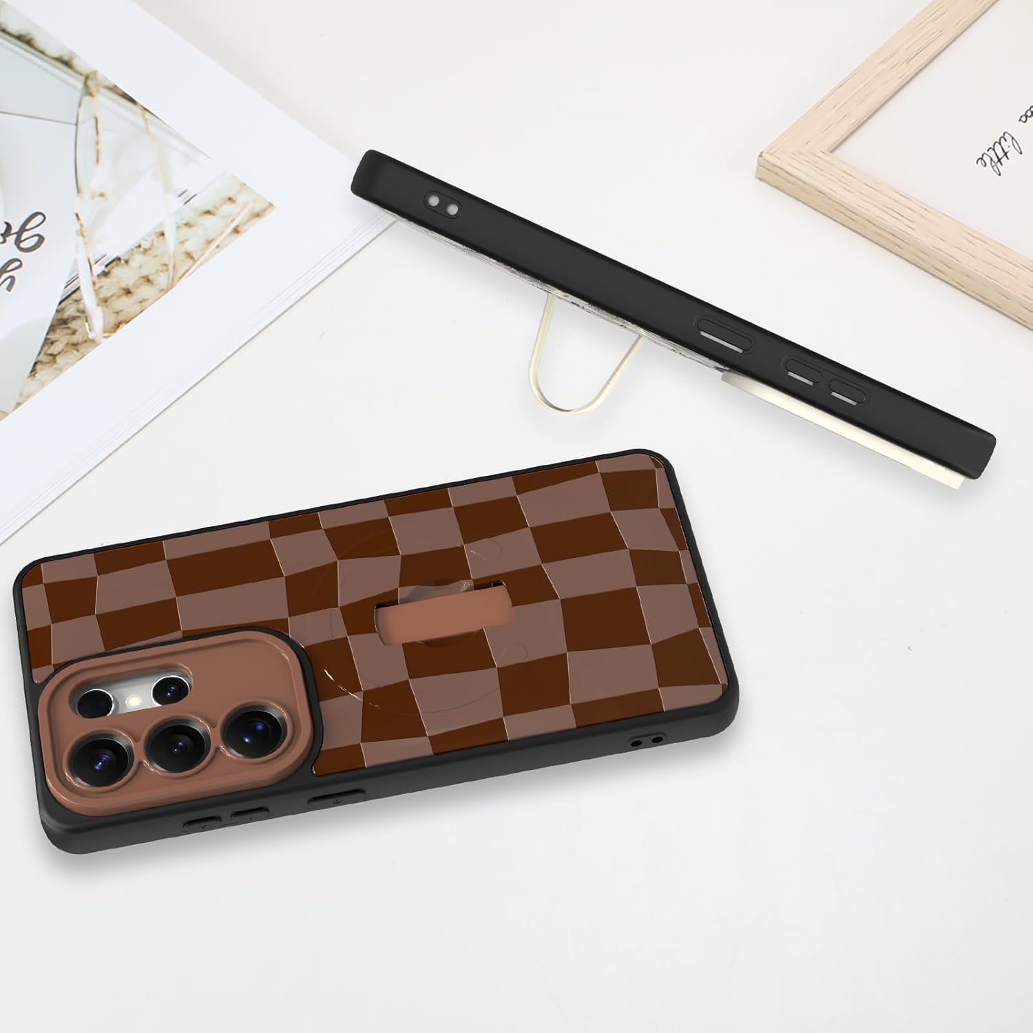 SOKAD Magnetic Checkered Case for Samsung Galaxy S26 Ultra with Finger Strap Kickstand, Compatible with Magsafe, Cute Checkerboard Designed for Women Men, Full Camera Protection Cover, Brown