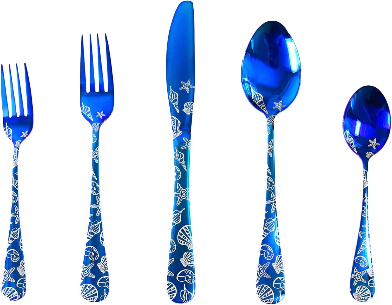 Blue Stainless Steel Flatware Set with Seashell Pattern, 20 Pieces, seashell and starfish pattern4 dinner Forks, 4 salad forks,4 dinner knives, 4 tablespoons, and 4 teaspoons for service of 2
