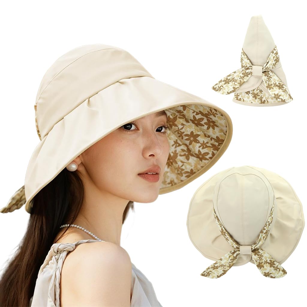 Sun Hat for Women UPF 50+ Wide Brim Floral Bow Beach Hat for Women with Chin Strip, Packable Outdoor Fashion Hats for Travel, Hiking, Beach (Beige)