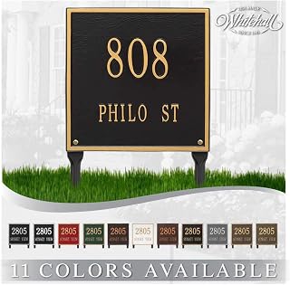 Whitehall Personalized Cast Metal Address plaque - LAWN MOUNTED Square Plaque. Made in the USA. Display your address and street name. Custom house number sign.