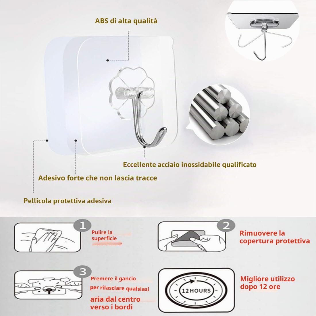 PAIDASHU Ganci autoadesivi, confezione da 25 ganci adesivi da parete resistenti, massimo 10 kg, ganci adesivi senza chiodi, per bagno, cucina, asciugamani e altro ancora
