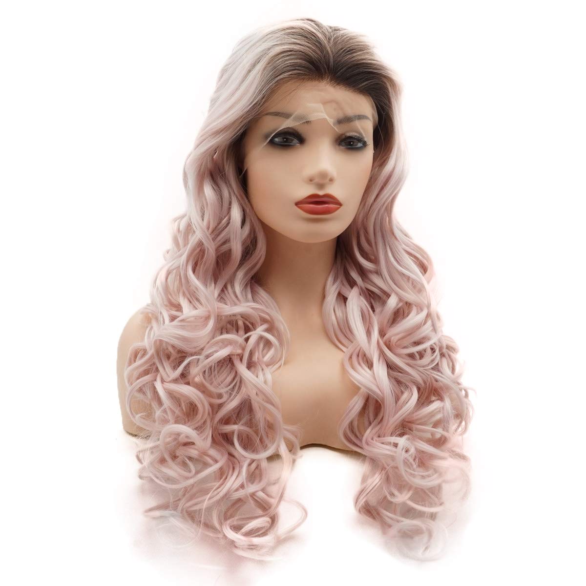 Hair Wavy Long 26inch Dark Root Pink Ombre Wig Heavy Density Realistic Synthetic Lace Front Wig