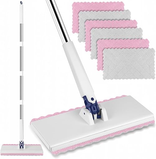 Snap Grip Mini Mop with 6 Washable Pads, Zero-Touch Flat Floor Mop for Wall | Lazy Dry Wet Mops with 47" Handle, Dust Mop Household Items for Floor Cleaning Window Ceiling Home Kitchen Bathroom