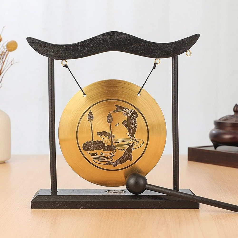 Juego de gong de mesa chino, Gong de latón de percusión, mini gongs de mesa, decoración del hogar con marco de base de madera para decoración del hogar, oficina, adorno decorativo de