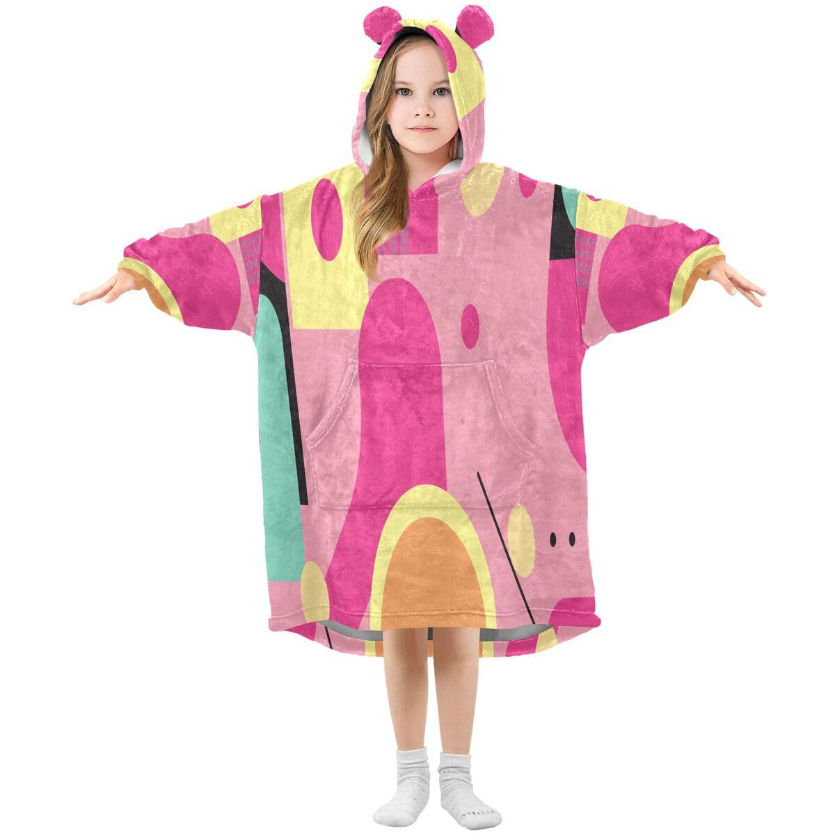 Kolorowy abstrakcyjny geometryczny koc do noszenia dla dzieci bluza z kapturem oversize bluza koc sweter dla chłopców i dziewcząt w wieku 3-14 lat