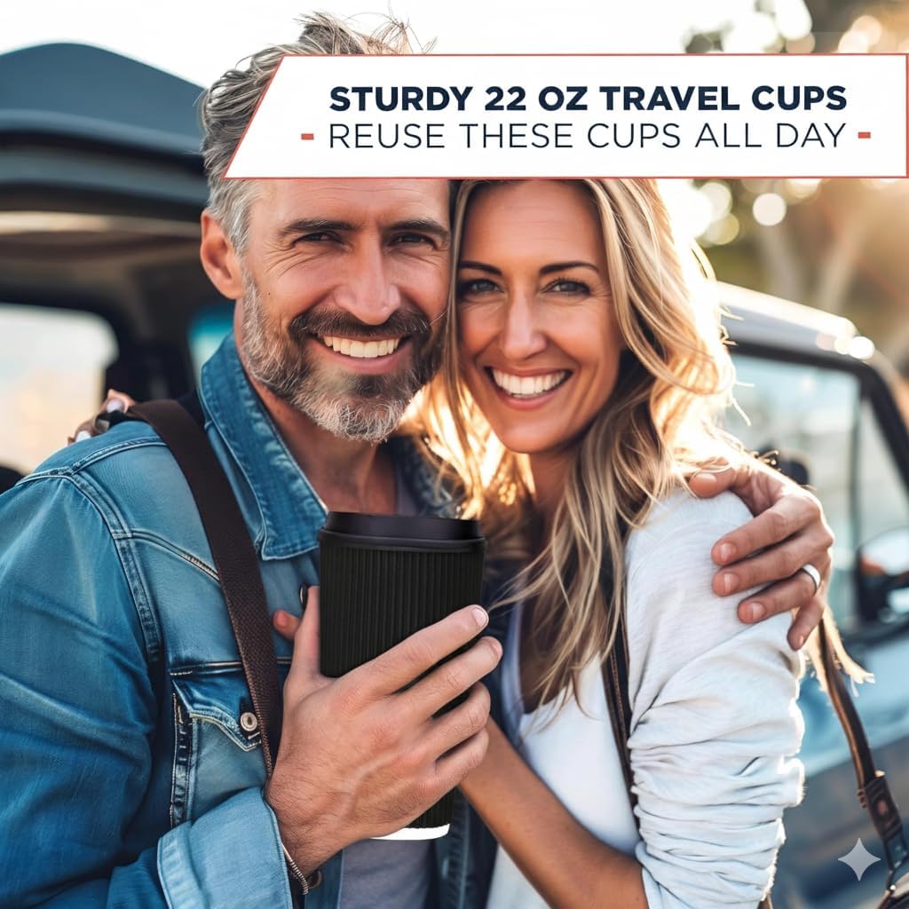 To Go Coffee Cups With Lids - 22 oz Disposable Coffee Cup With Lid. Large Togo Travel Paper Ripple Hot Cups Insulated For Hot, Cold Beverage Drinks, No Sleeves Needed (50, Black)