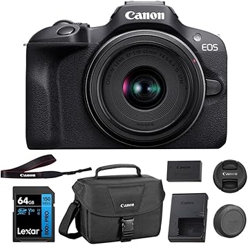 Canon EOS R100 Mirrorless Camera with RF-S18-45mm F4.5-6.3 IS STM Lens Kit, 24.1 Megapixel CMOS (APS-C) Sensor, 4K Video, RF Mount | Black Bundled with 64GB Memory Card & Camera Shoulder Bag (3 Items)