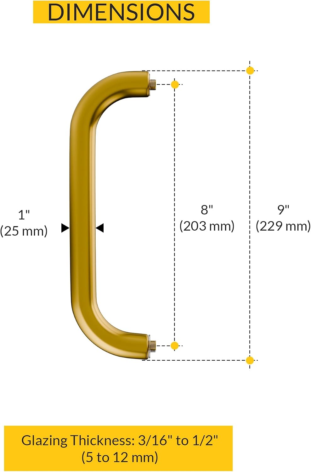 BRIXWELL Standard Tubular Shower Door Handle Back to Back Mount, Satin Brass Finish, Solid Brass Construction, 8" Center to Center, 1" Tube Diameter, 9" Length, Fits 3/16" to 1/2" Glass