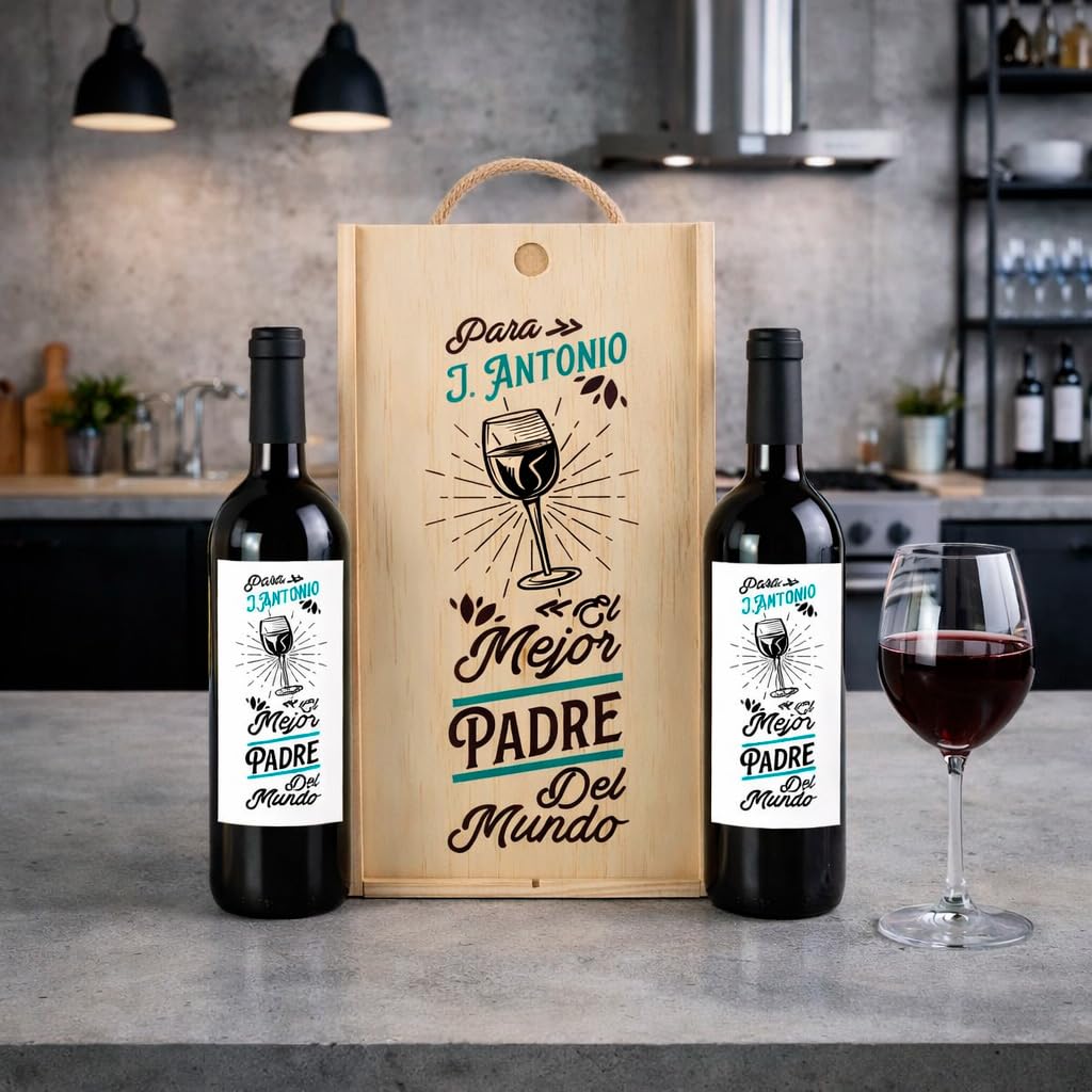 Caja Regalo 2 Vinos Personalizada El Mejor Padre del Mundo Caja Madera Vino para Papá