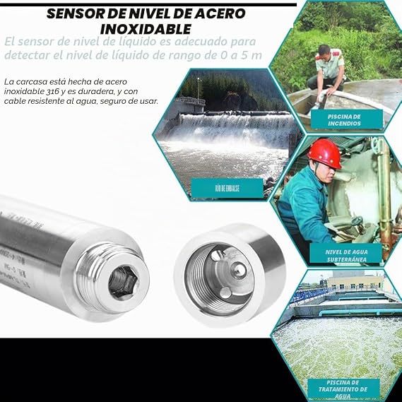 Liquid Level Sensor 24V DC 4-20mA, Transmitter for Water 0-5m Depth, Industrial Liquid Inlet