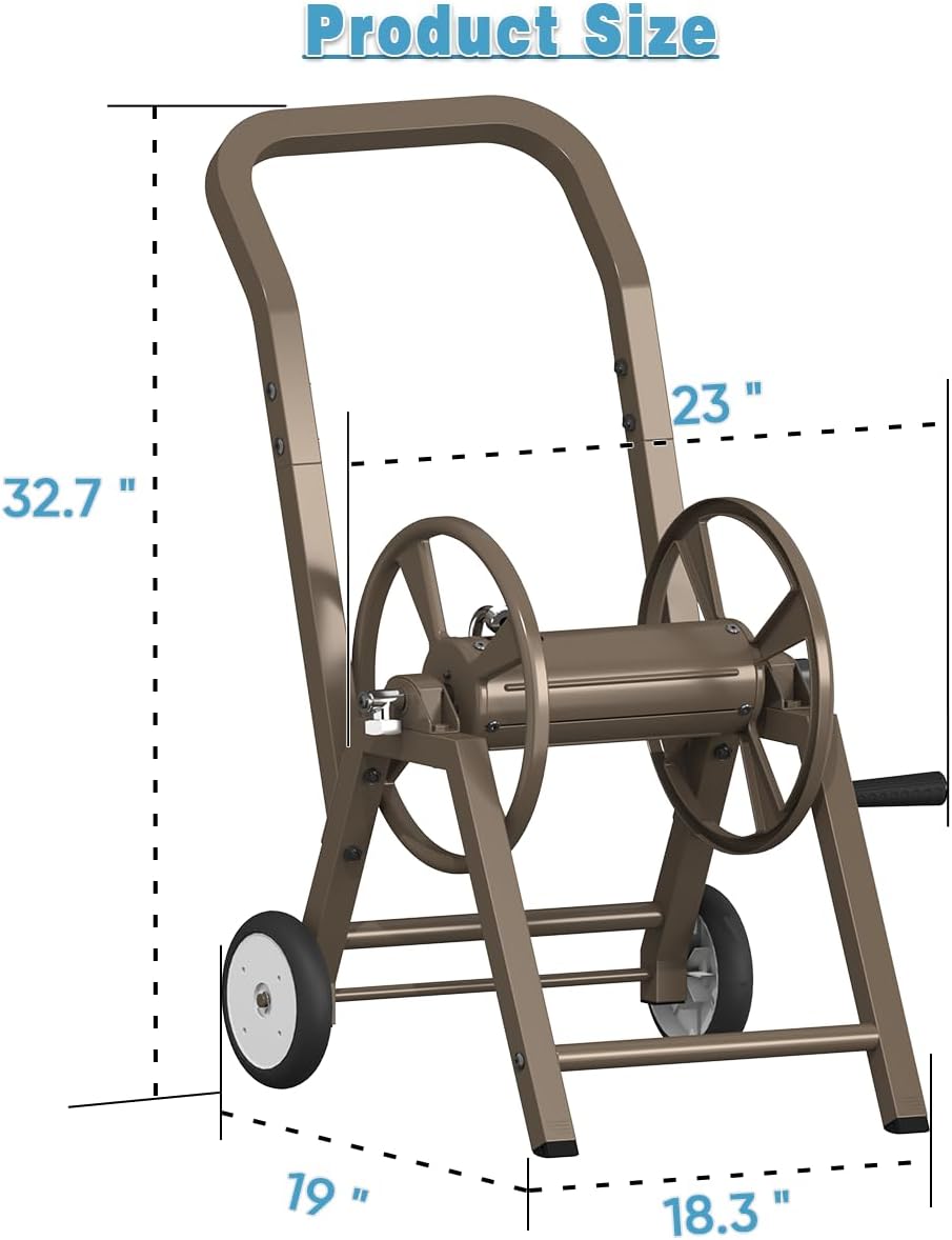 Artigarden Garden Hose Reel Cart with Wheels, Holds 165 ft of 5/8’’ Hose Outdoor Heavy Duty Powder-coated Steel Water Storage Winder Holder with 3.9 Ft Leader Hose for Outside Lawn Yard, Brown