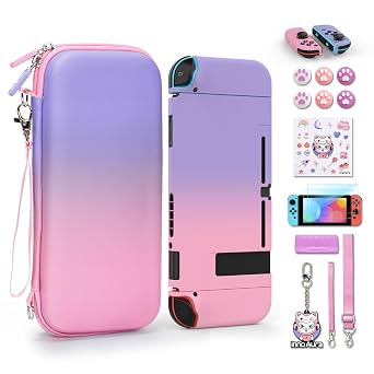 innoAura Switch Case, 17 in 1 Accessories Bundles with Carrying Bag, Game Case, Screen Protector & Cute Pendant Pink-Purple Gradient
